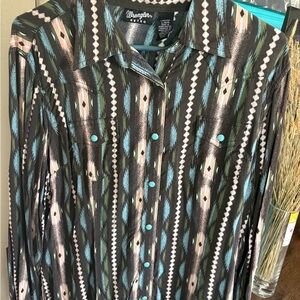Wrangler Retro Aztec Snap Western Shirt in Teal, Brown & Cream
